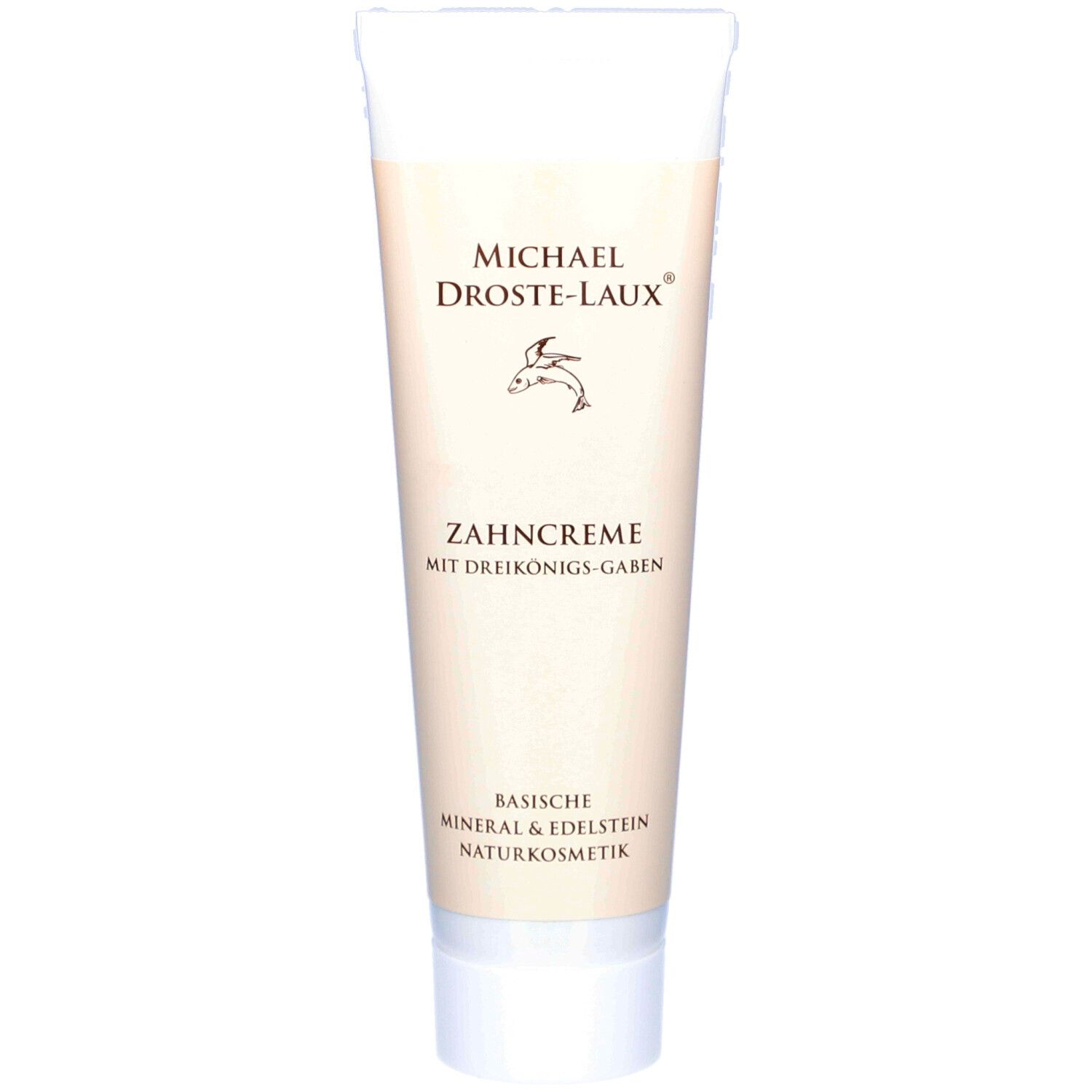 Tube de dentifrice. Marque: Michael Droste-Laux. Texte: Dentifrice avec les dons des Rois Mages. Cosmétiques naturels minéraux et pierres précieuses. Beige.