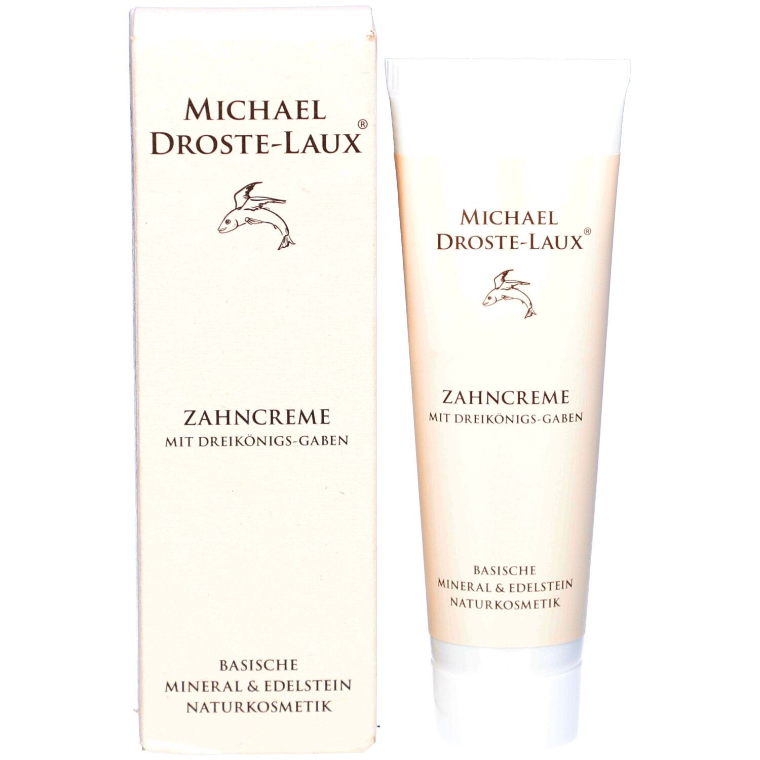 Tube et boîte de dentifrice. Marque: Michael Droste-Laux. Texte: Dentifrice avec les dons des Rois Mages. Cosmétiques naturels minéraux et pierres précieuses.