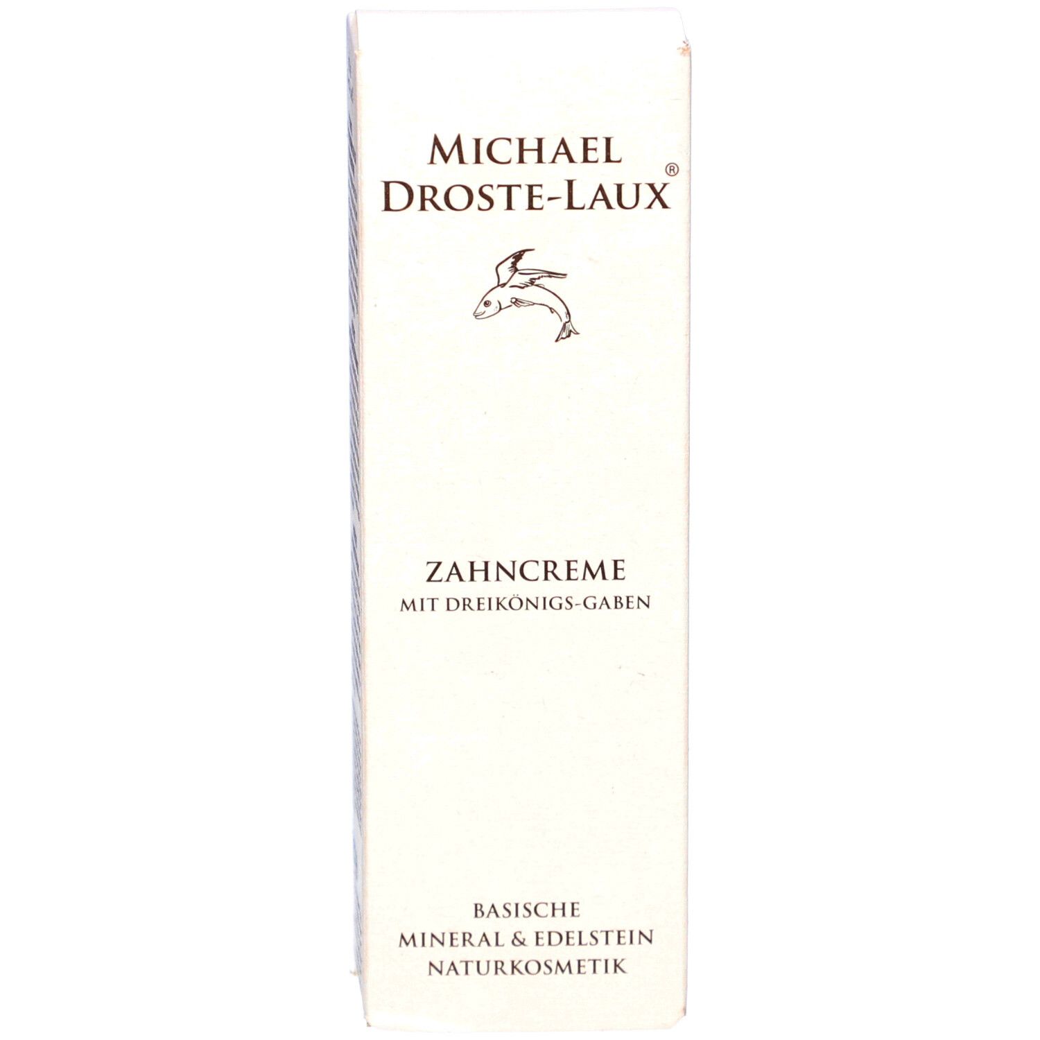 Boîte de dentifrice. Marque: Michael Droste-Laux. Texte: Dentifrice avec les dons des Rois Mages. Cosmétiques naturels minéraux et pierres précieuses.