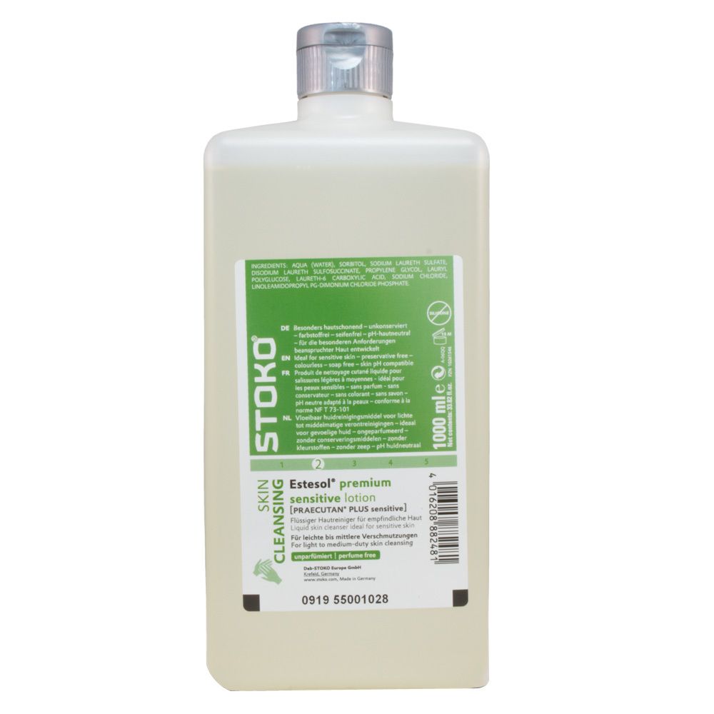 Rechteckige Flasche mit silbernem Deckel. Aufkleber mit Produktinformationen. Text: Estesol premium sensitive lotion, STOKO.