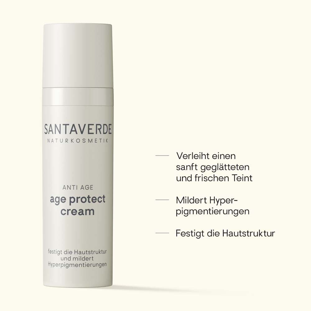 Creme-Flakon mit Text. Aufschrift age protect cream und SANTAVERDE. Text: glättet, mildert.