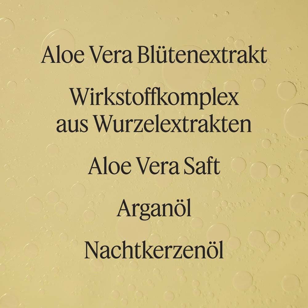 Text auf gelbem Hintergrund. Aufschrift: Aloe Vera Blütenextrakt, Wirkstoffkomplex aus Wurzelextrakten, Aloe Vera Saft, Arganöl, Nachtkerzenöl.