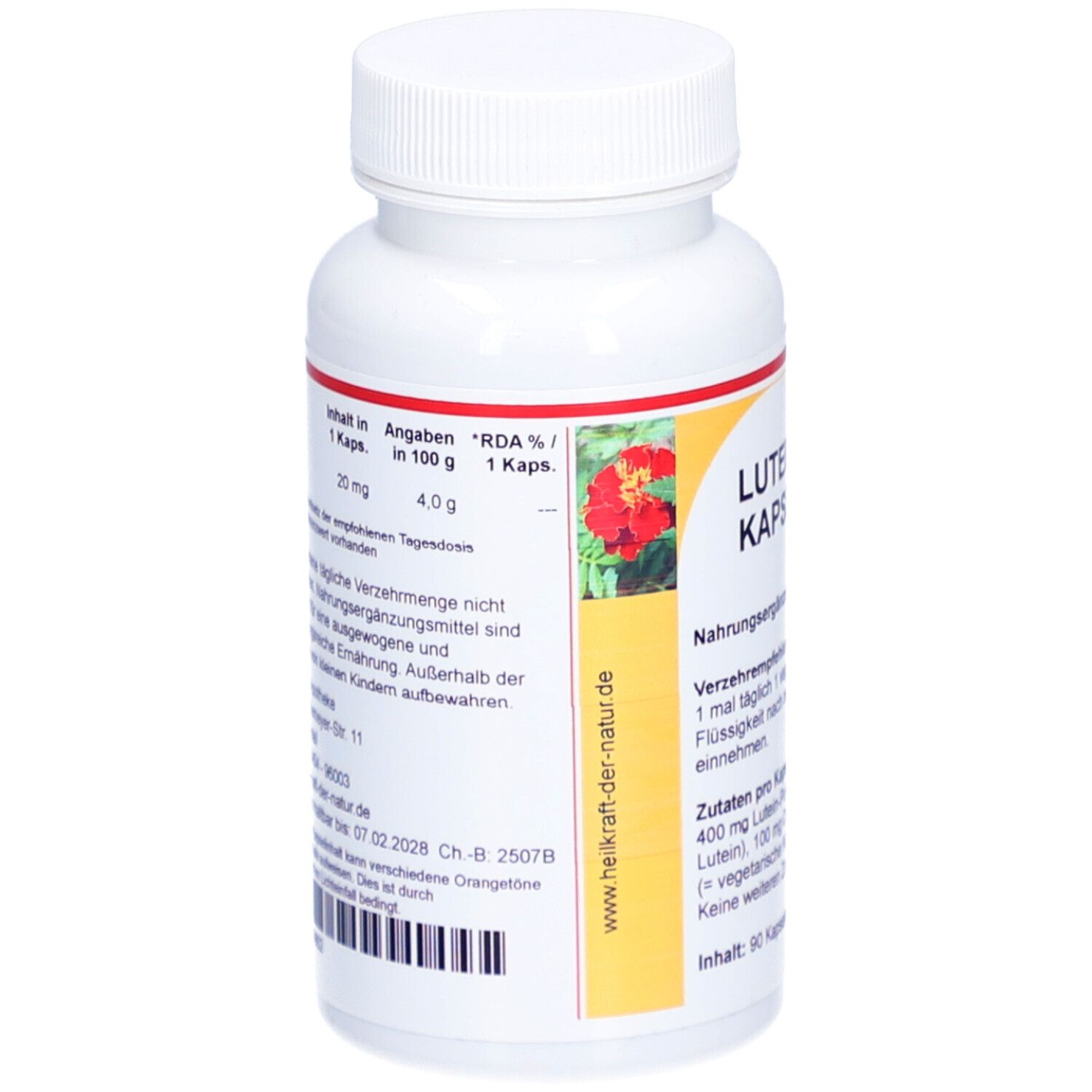 Flacon blanc avec Lutein 20 mg capsules. Étiquette jaune avec motif floral. Inscription : AJR %, Contenu, 20 mg Luteine.
