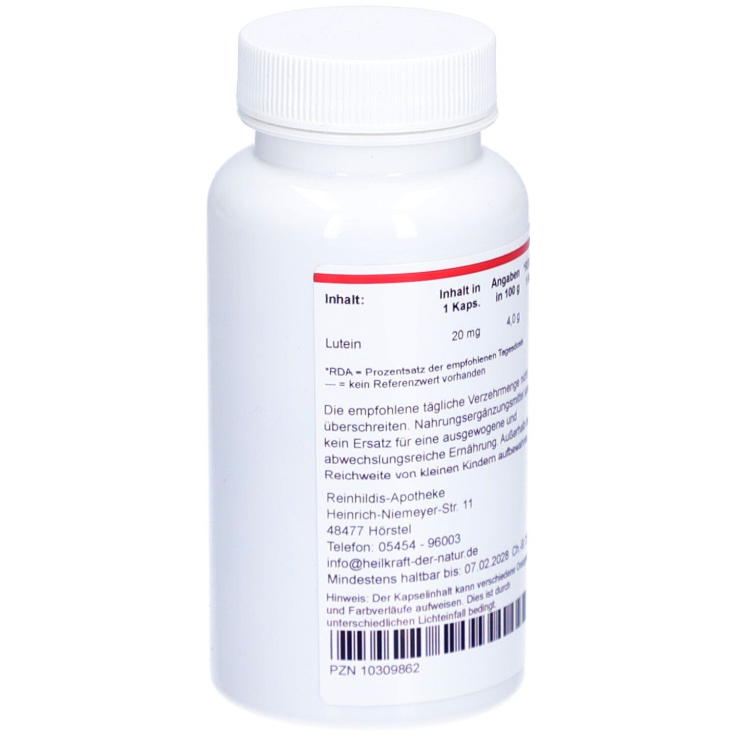 Flacon blanc avec Lutein 20 mg capsules. Dos avec texte. Inscription : Luteine, 20 mg, Reinholds-Apotheke, Durée de conservation minimale.