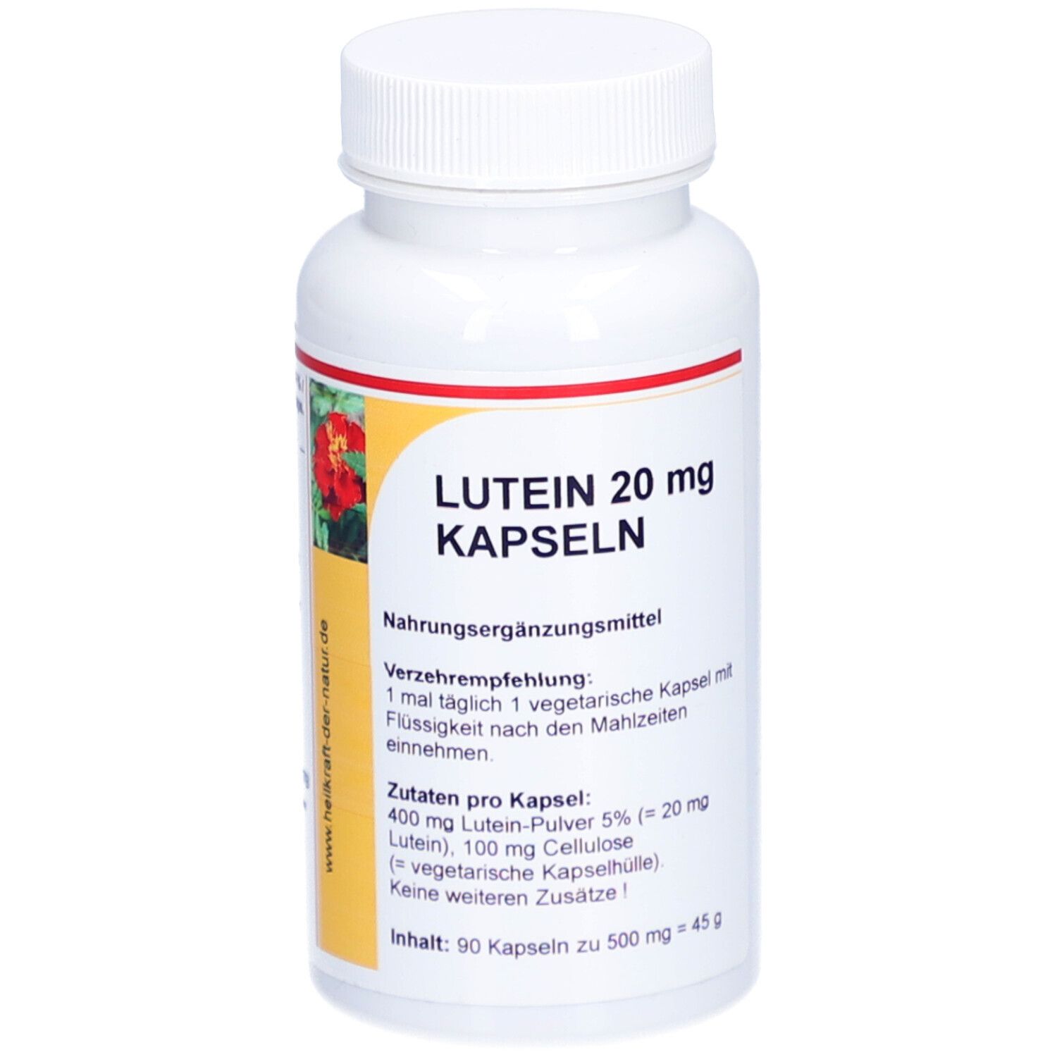 Flacon blanc avec Lutein 20 mg capsules. Bande rouge et étiquette jaune. Inscription : Complément alimentaire, Ingrédients.