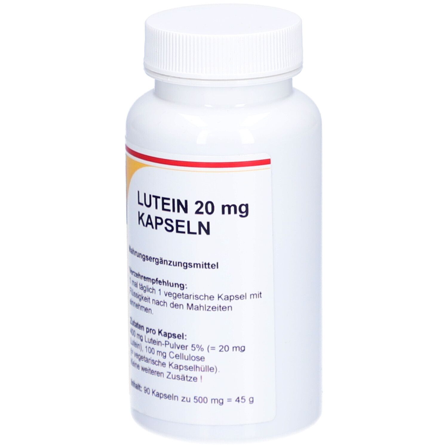Flacon blanc avec Lutein 20 mg capsules. Bande rouge et étiquette jaune. Inscription : Luteine 20 mg capsules, Ingrédients.