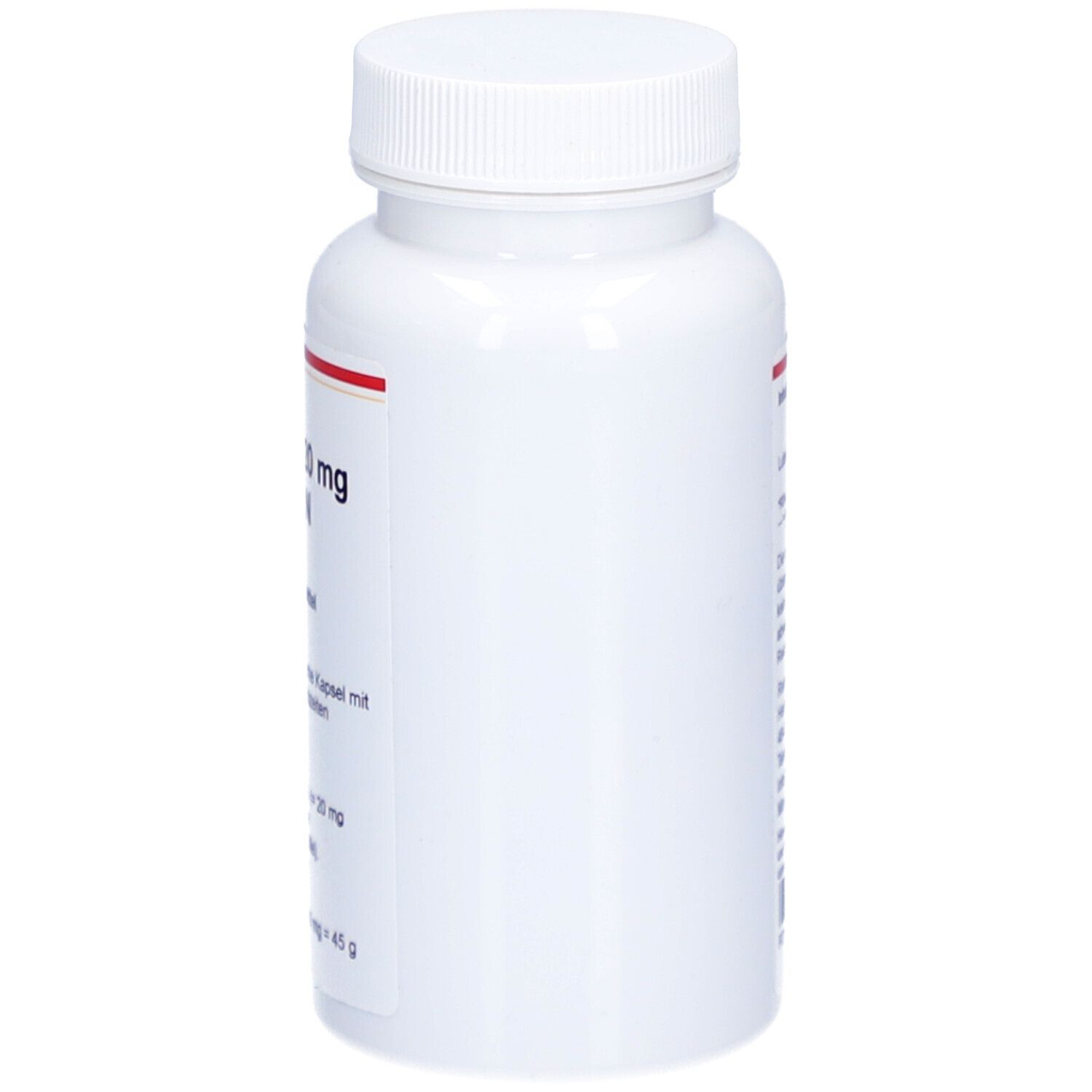 Flacon blanc avec Lutein 20 mg capsules. Vue latérale. Inscription : Luteine 20 mg capsules, Contenu.