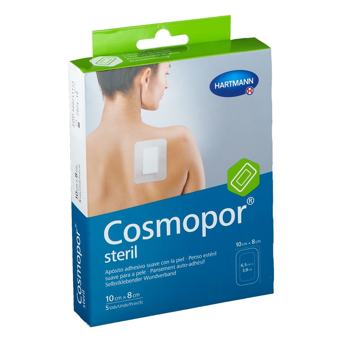 Emballage de Cosmopor® steril, 10 x 8 cm. Boîte avec image du produit et nom de la marque. Montre un pansement sur le dos.