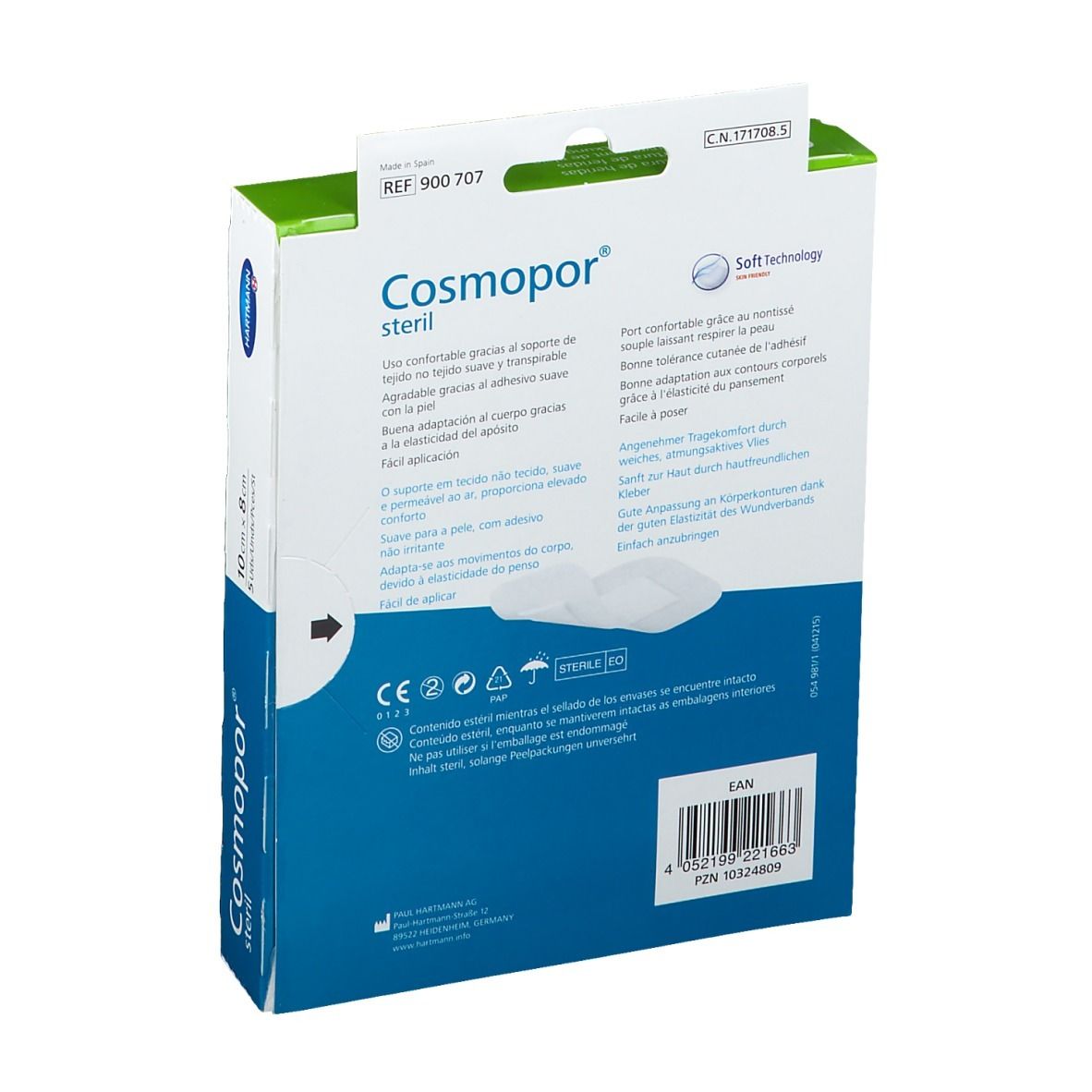 Dos de l'emballage Cosmopor® steril. Contient des informations sur le produit, des logos et des certifications. Texte en plusieurs langues.