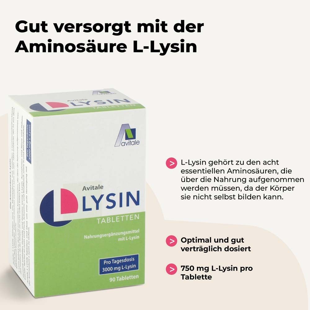 Text mit Überschrift: Gut versorgt mit der Aminosäure L-Lysin. Aufzählungspunkte mit Informationen zum Produkt.