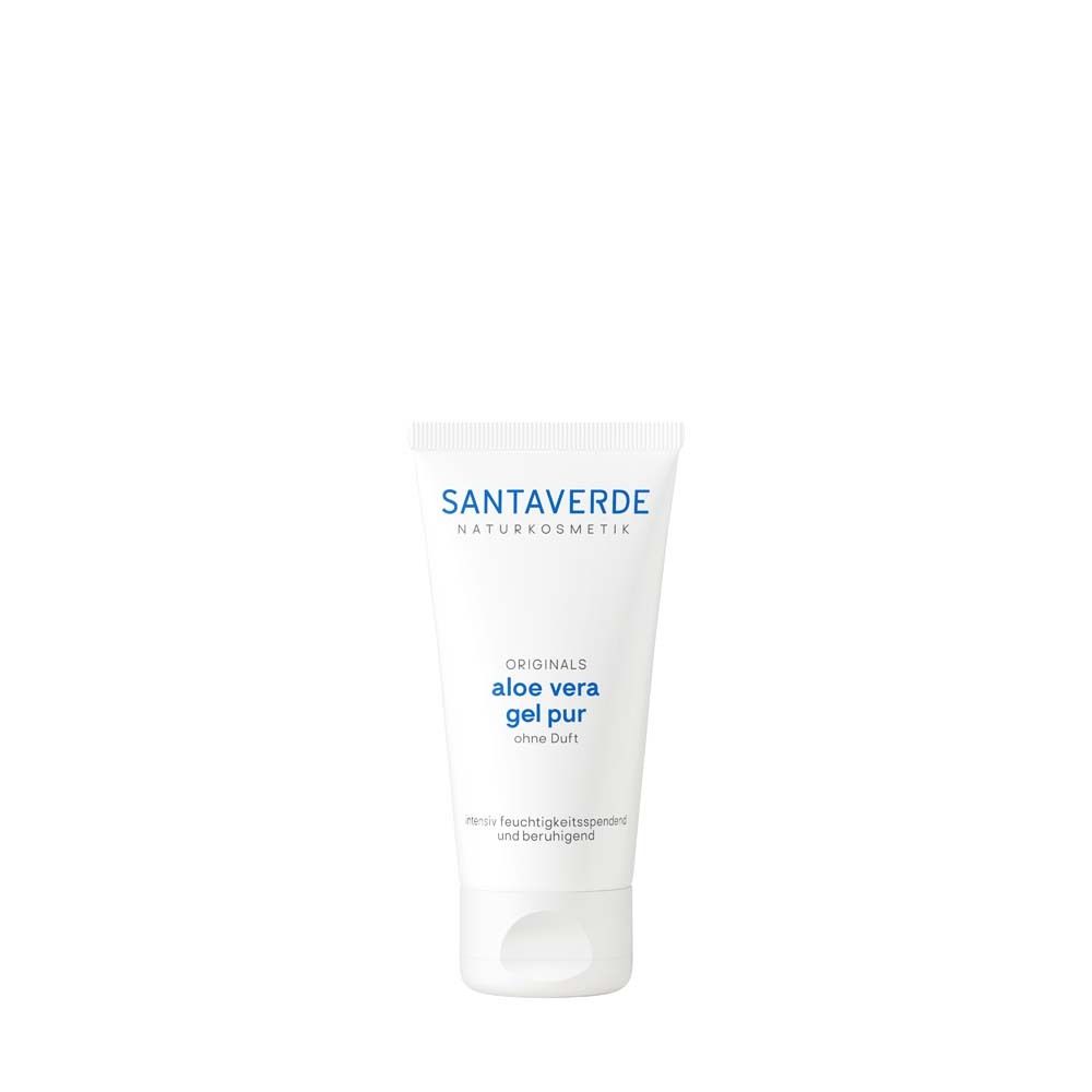 Tube blanche avec impression bleue. SANTAVERDE, aloe vera gel pur sans parfum. Inscription: hydratant et apaisant.