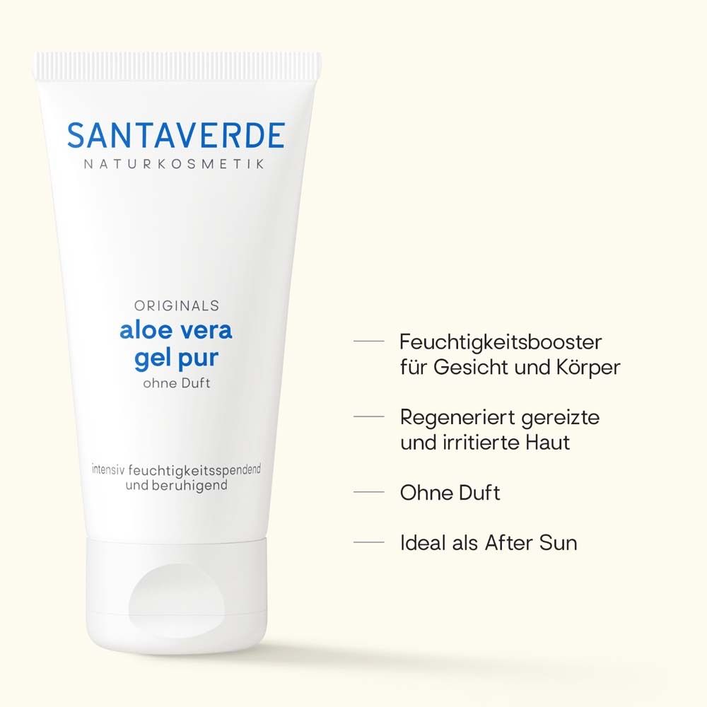 Tube blanc avec logo SANTAVERDE et indication du produit : aloe vera gel pur sans parfum. Texte à côté.