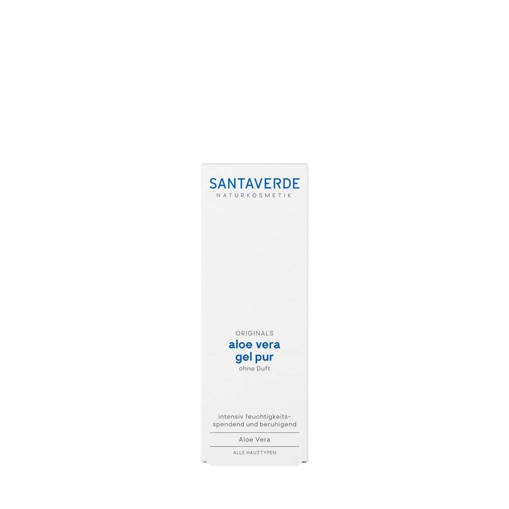 Emballage blanc avec impression bleue. SANTAVERDE, aloe vera gel pur sans parfum. Inscription: hydratant et apaisant.