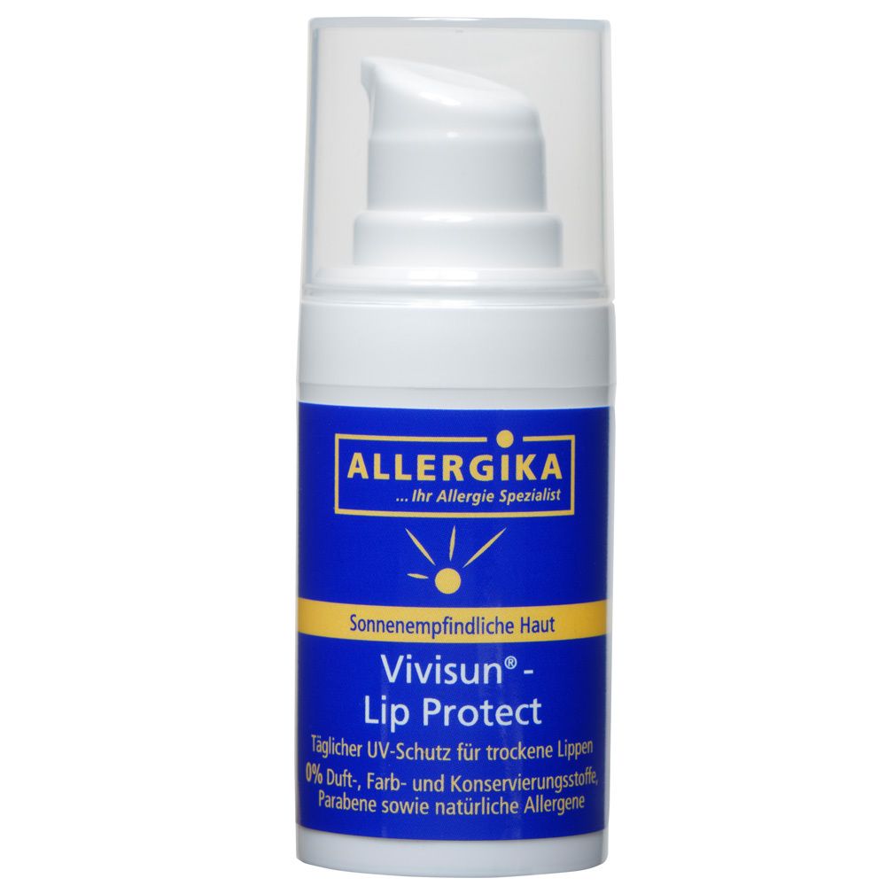 Weiße Flasche mit Pumpverschluss. Aufschrift: VIVISUN Lip Protect, AllergiKa. UV-Schutz für trockene Lippen.
