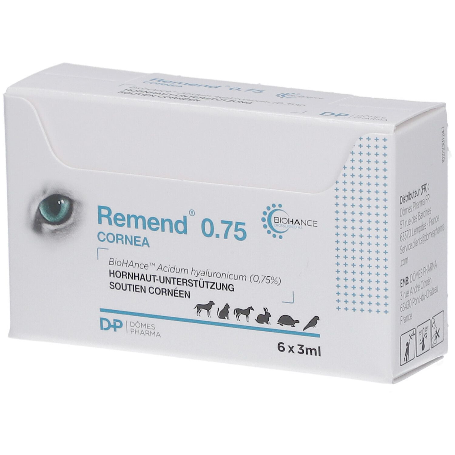 Weiße Verpackung mit "Remend"-Logo und Produktbezeichnung. Abbildung von Tieren. Enthält 6 Flaschen.