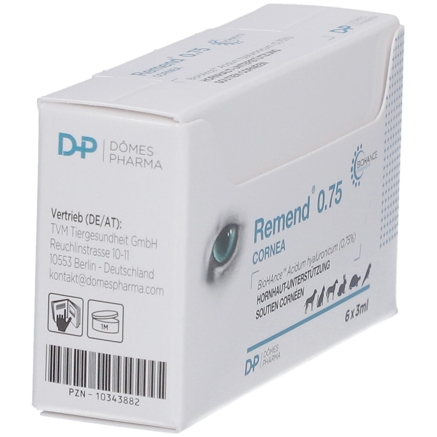 Schräg gestellte weiße Verpackung mit "Remend"-Logo. Enthält 6 Flaschen. Elanco-Logo sichtbar.