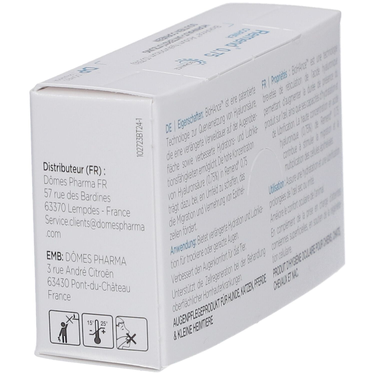 Weiße Verpackung mit Text, "Remend"-Logo und Barcode. Produktinformationen aufgedruckt.