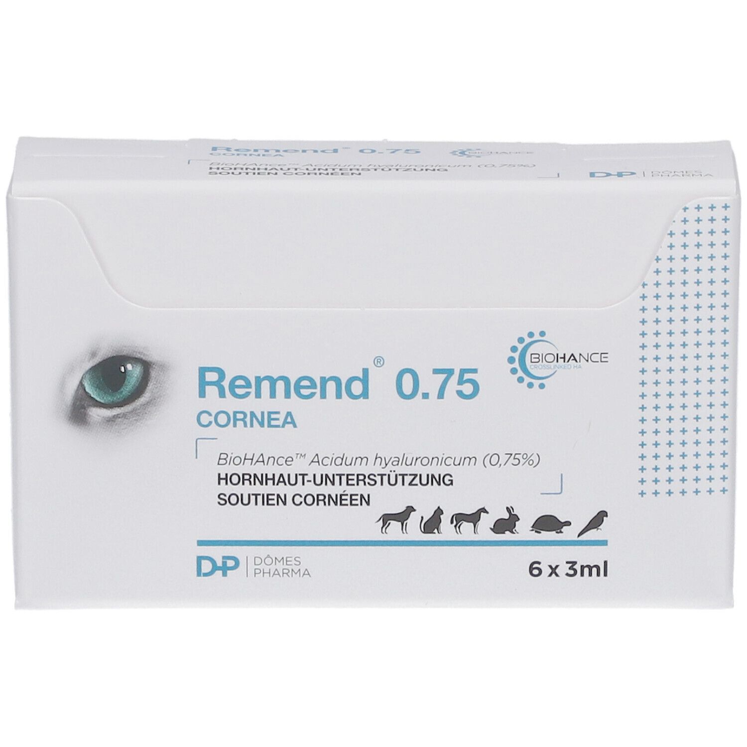 Weiße Verpackung mit "Remend"-Logo und Produktbezeichnung. Abbildung von Tieren. Enthält 6 Flaschen.