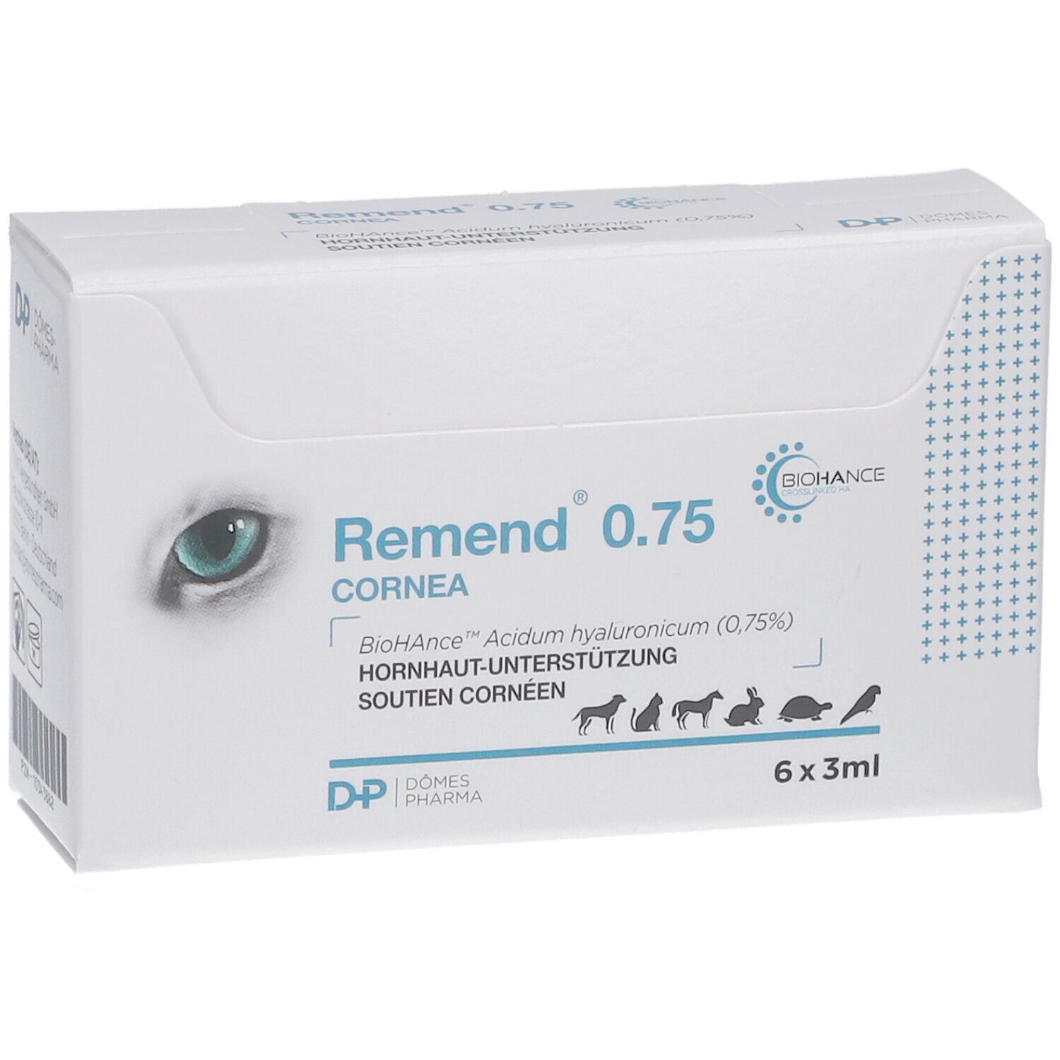 Weiße Verpackung mit "Remend"-Logo und Produktbezeichnung. Abbildung von Tieren. Enthält 6 Flaschen.