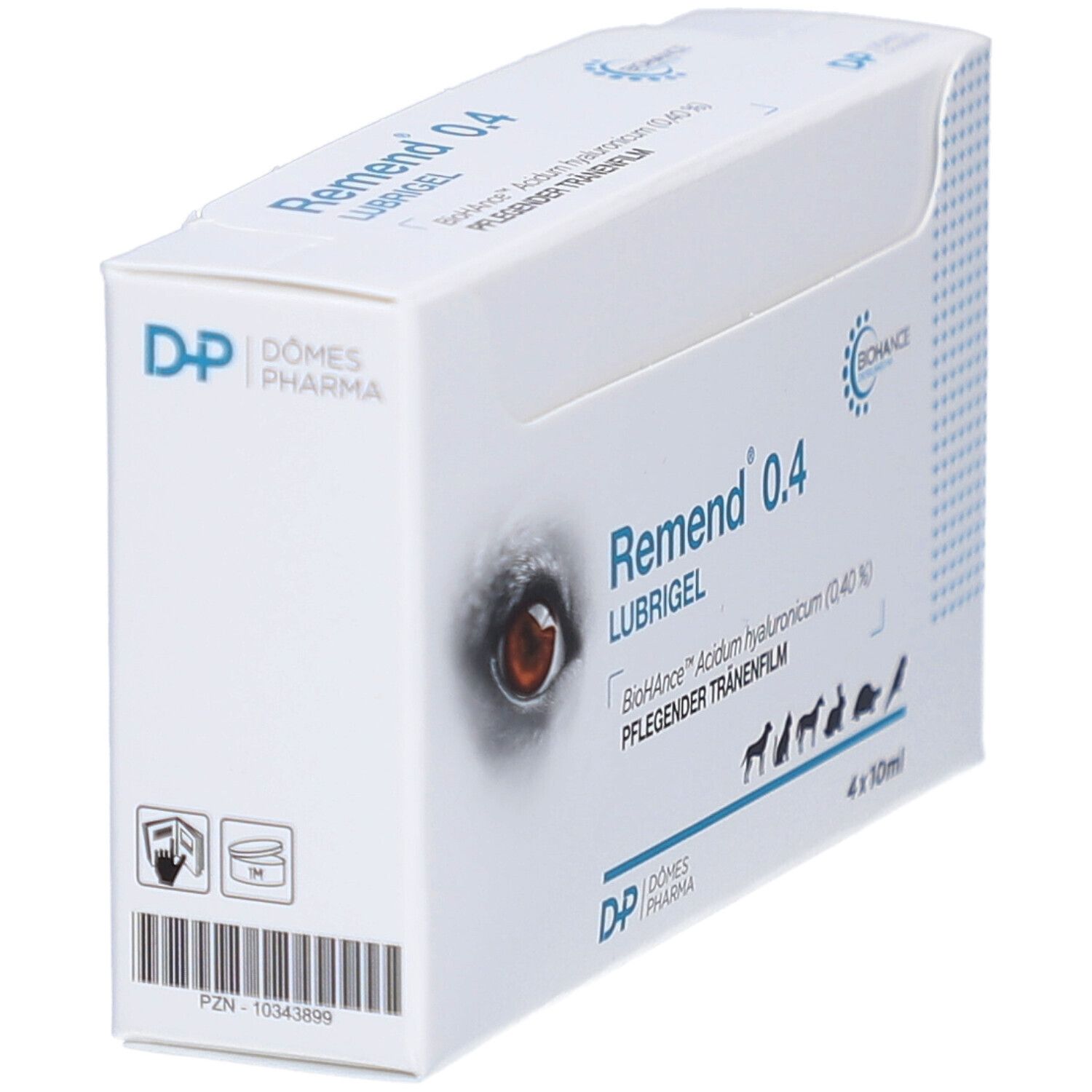 Weiße Verpackung mit "Remend"-Logo und Bayer-Logo. Produktbezeichnung und Tierabbildung.