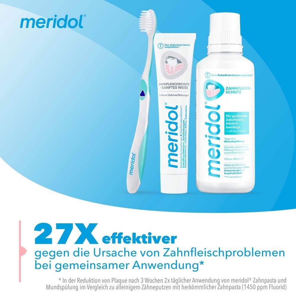 Zahnbürste, Zahnpasta-Tube und Mundspülung. Text: 27X effektiver gegen Zahnfleischprobleme bei gemeinsamer Anwendung.