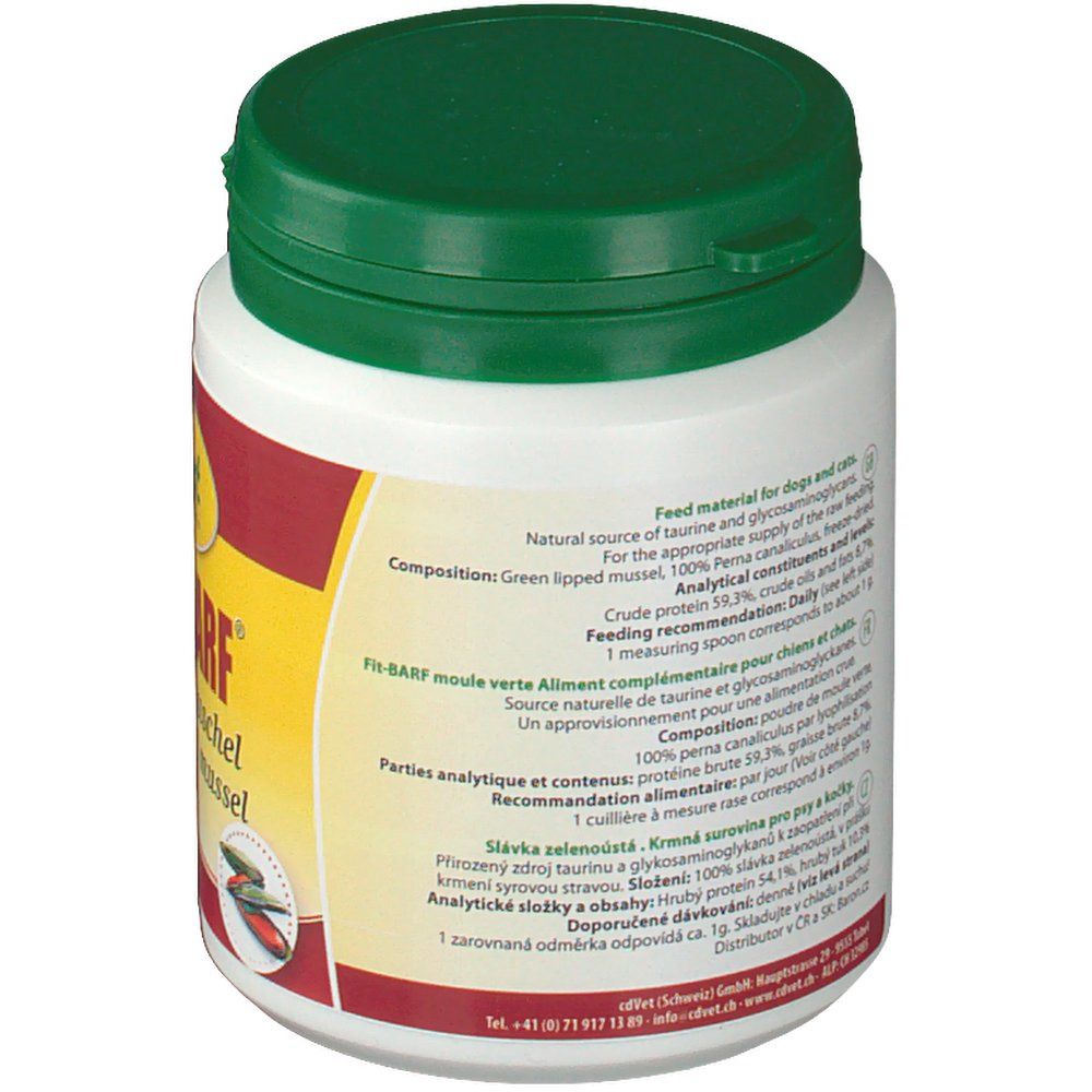 Dos du récipient blanc avec couvercle vert. Informations textuelles et ingrédients.