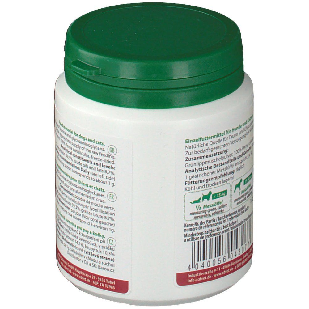 Dos du récipient blanc avec couvercle vert. Informations textuelles et recommandation d'alimentation.