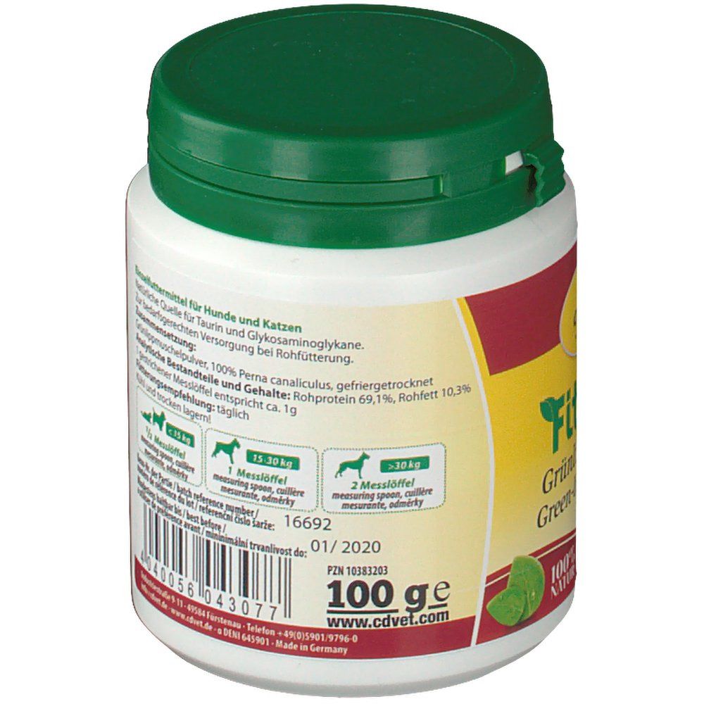 Récipient blanc avec couvercle vert. Inscription : 100 g. Informations textuelles et recommandation d'alimentation.