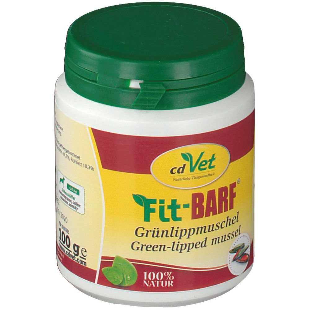 Récipient blanc avec couvercle vert. Inscription : Fit-BARF Grünlippmuschel. Étiquette jaune et rouge.
