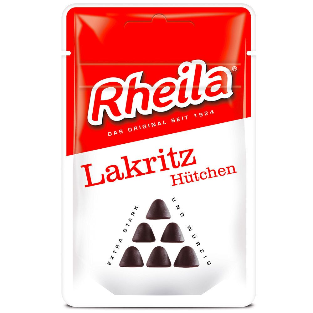 Verpackung mit Rheila Lakritz Hütchen. Sechs dunkle, kegelförmige Lakritzstücke. Rote und weiße Verpackung mit Schriftzug.