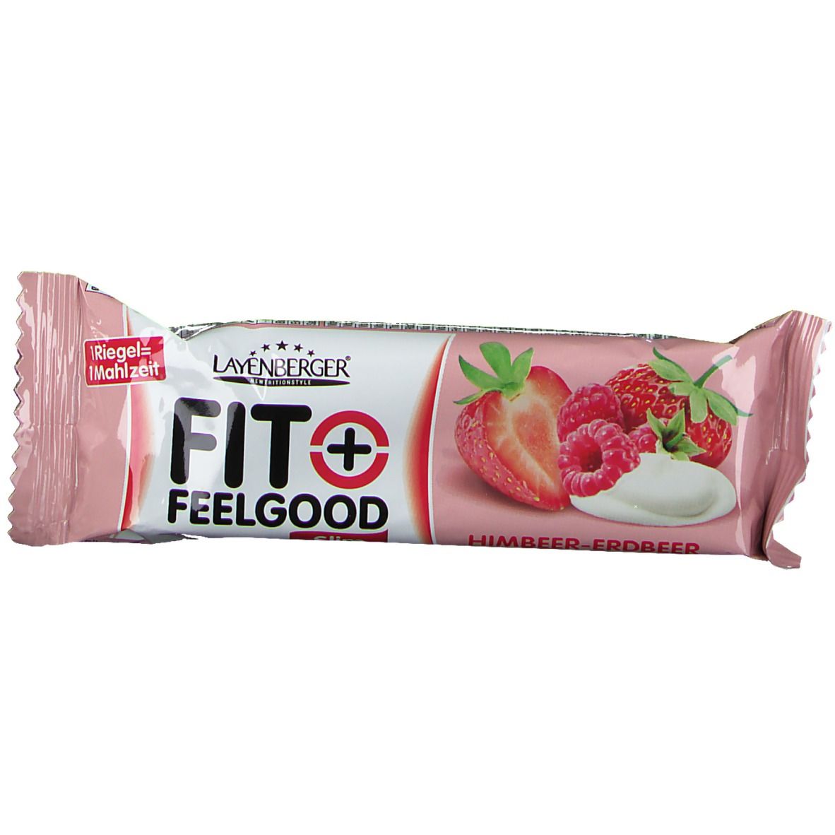 Riegel mit Aufdruck von Erdbeeren und Himbeeren. Text: FIT+FEELGOOD, Himbeer-Erdbeer. Rosa Verpackung.