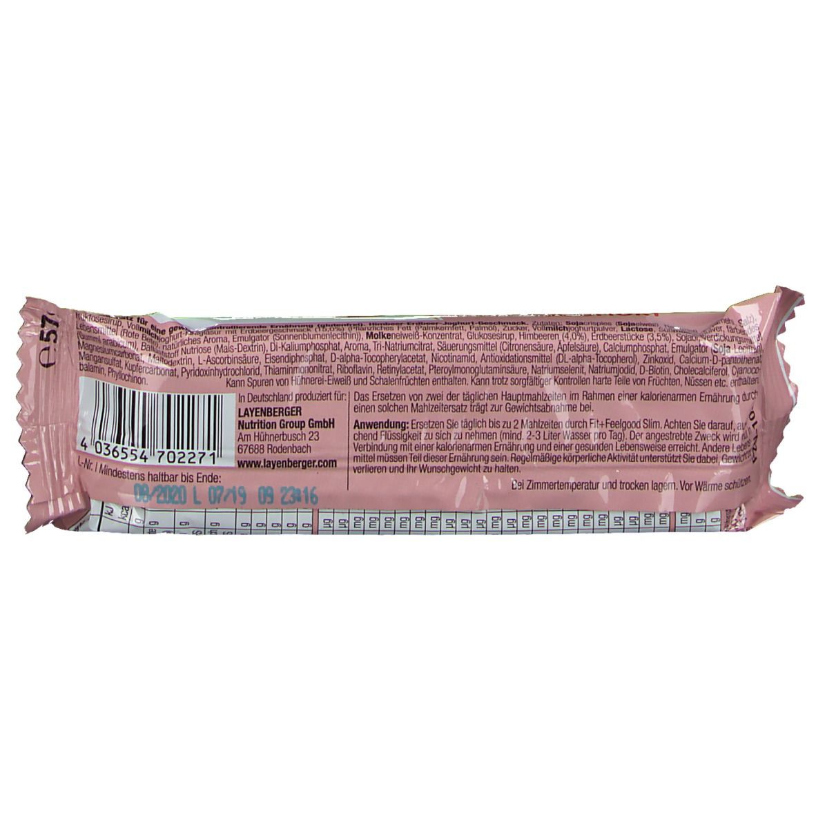 Rückseite der Riegelverpackung. Text und Zutatenliste. Rosa Verpackung mit weißem Text.