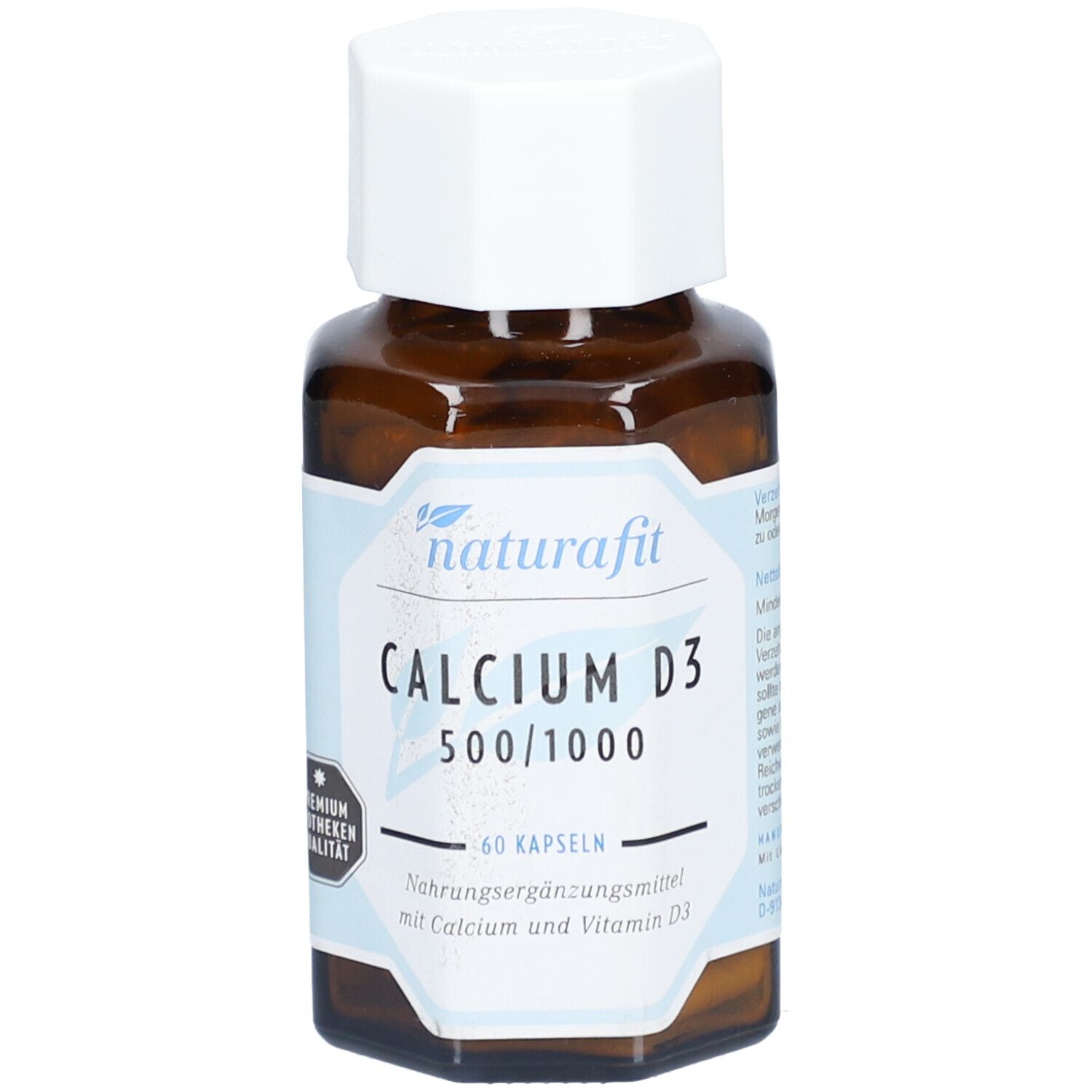 Flacon en verre brun avec bouchon blanc. Étiquette "Naturafit Calcium D3 500/1000". 60 gélules. Qualité pharmacie premium.