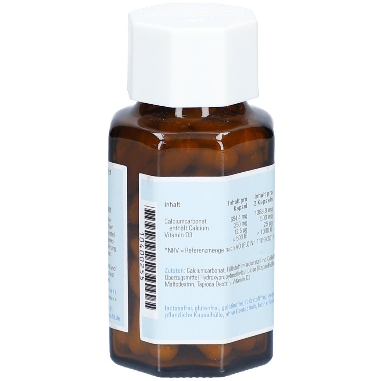 Dos du flacon en verre brun. Étiquette avec ingrédients: carbonate de calcium, vitamine D3. Numéro de lot et informations fabricant.