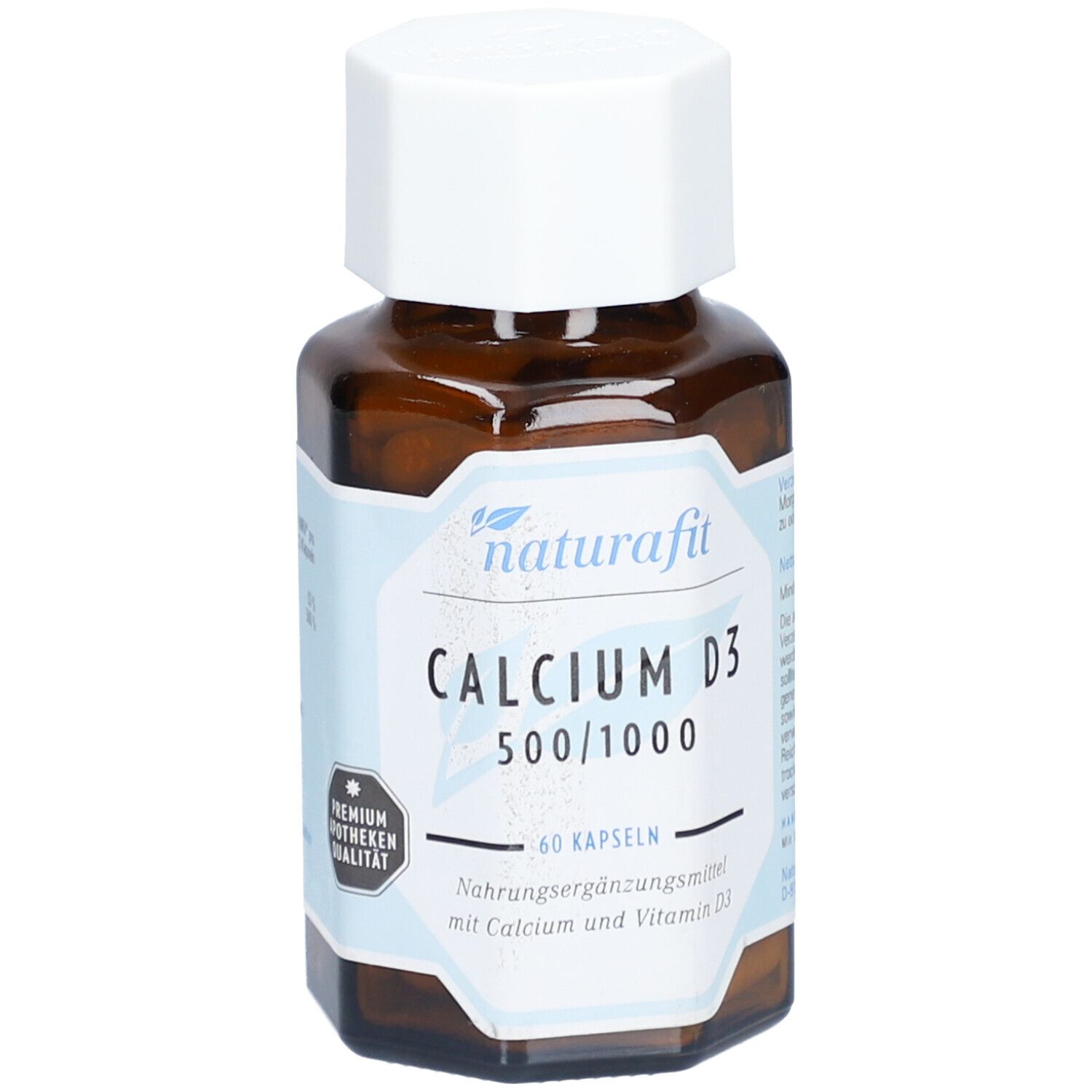 Flacon en verre brun avec bouchon blanc. Étiquette "Naturafit Calcium D3 500/1000". 60 gélules. Qualité pharmacie premium.