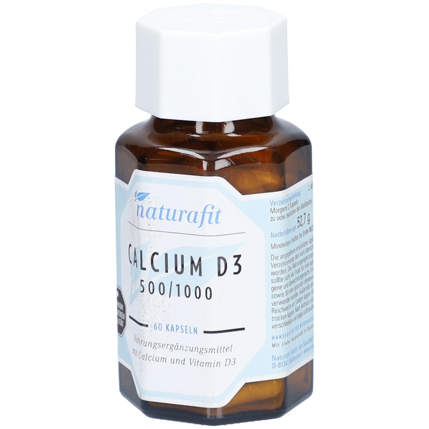 Flacon en verre brun avec bouchon blanc. Étiquette "Naturafit Calcium D3 500/1000". 60 gélules. Qualité pharmacie premium.