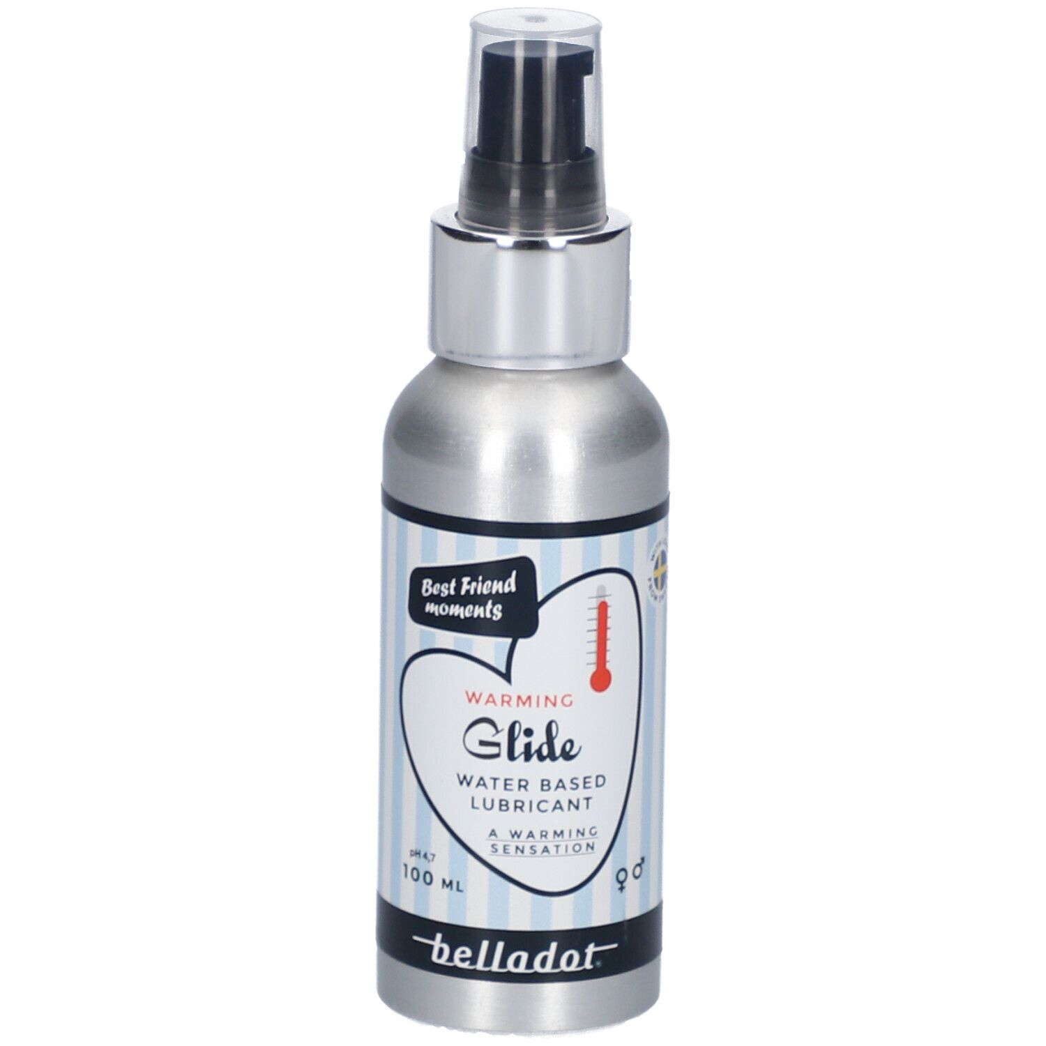 Flacon argenté avec pompe noire. Inscription "Warming Glide" et "belladot".