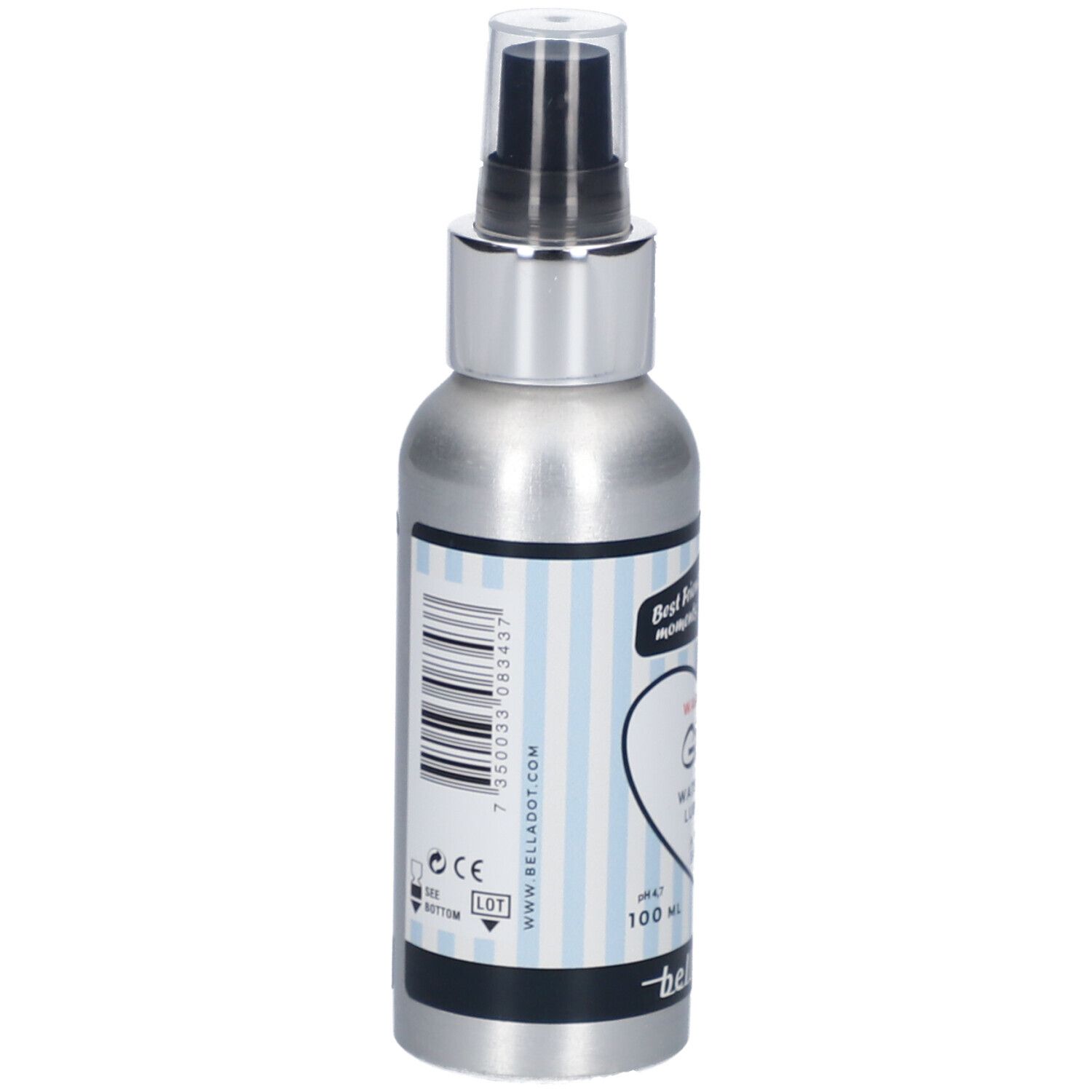 Dos du flacon argenté avec code-barres et informations produit. Marque belladot.