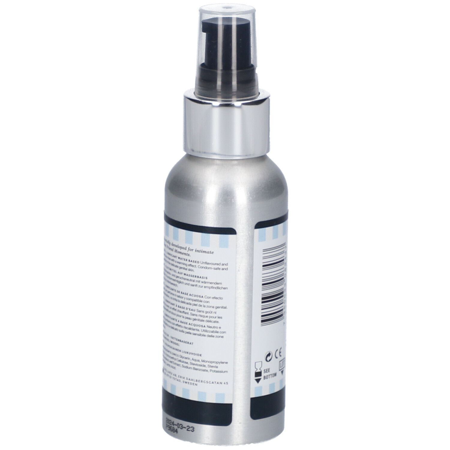 Vue latérale du flacon argenté avec informations produit et code-barres. Marque belladot.