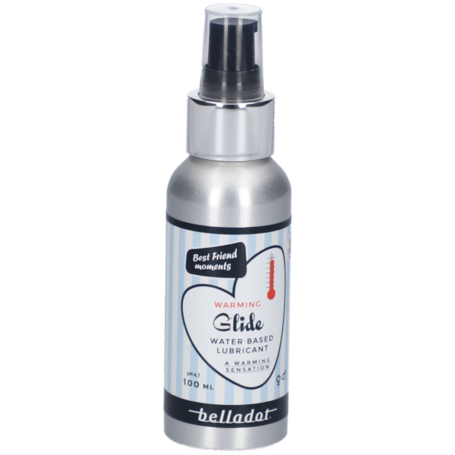 Flacon argenté avec pompe noire. Inscription "Warming Glide" et "belladot".