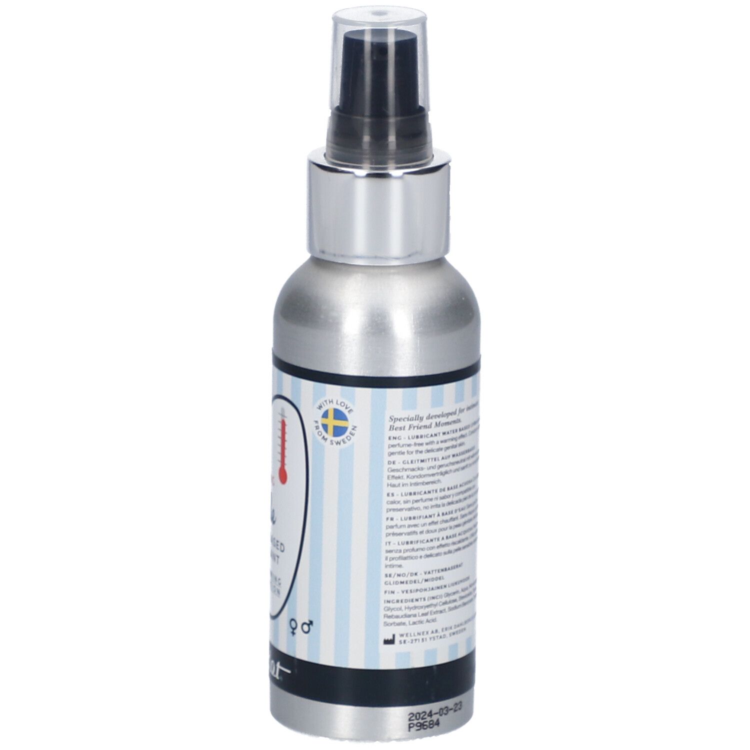 Dos du flacon argenté avec informations produit. Marque belladot.