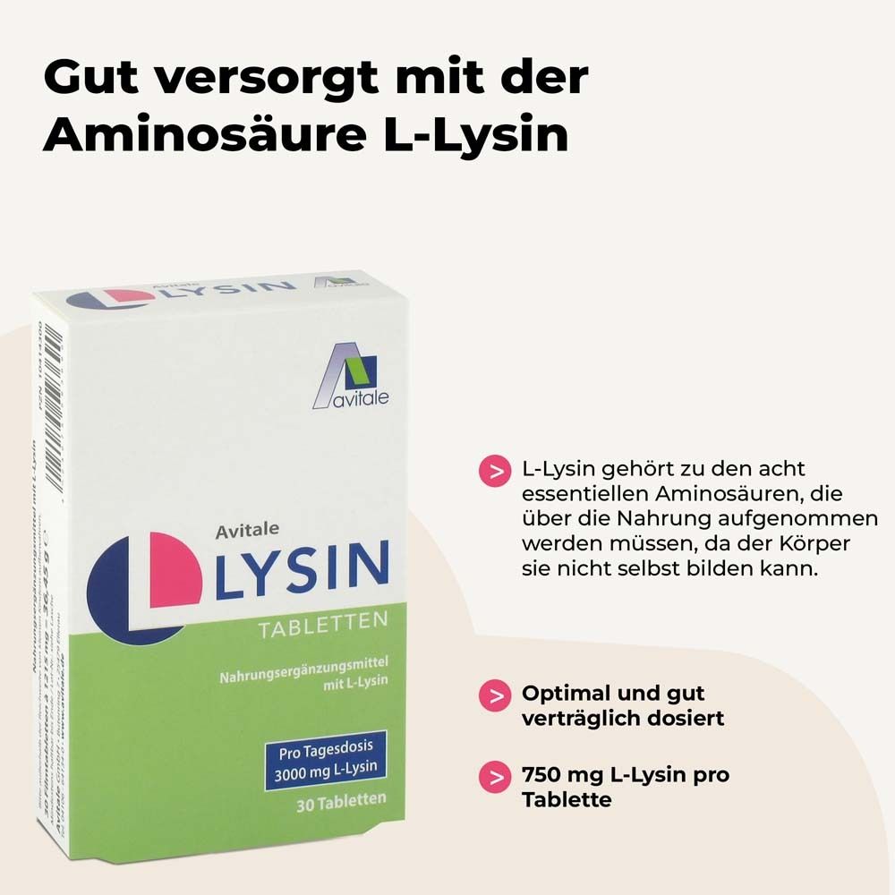 Boîte avec texte et logo. Texte : La L-Lysine fait partie des huit acides aminés essentiels. 750 mg de L-Lysine par comprimé. Dosage optimal et bien toléré.