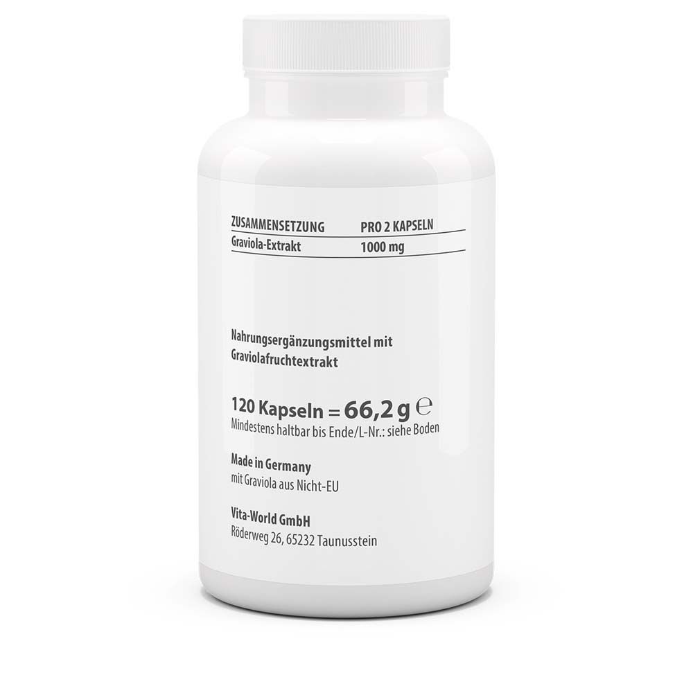 Dos du flacon blanc. Texte sur la composition, 120 capsules, 66,2 g. Fabriqué en Allemagne. Vita-World GmbH.