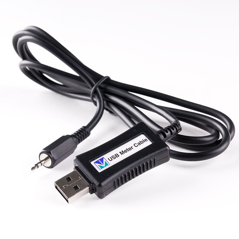 Schwarzes USB-Kabel mit Klinkenstecker und USB-A-Anschluss. Auf dem Gehäuse steht "USB Meter Cable".