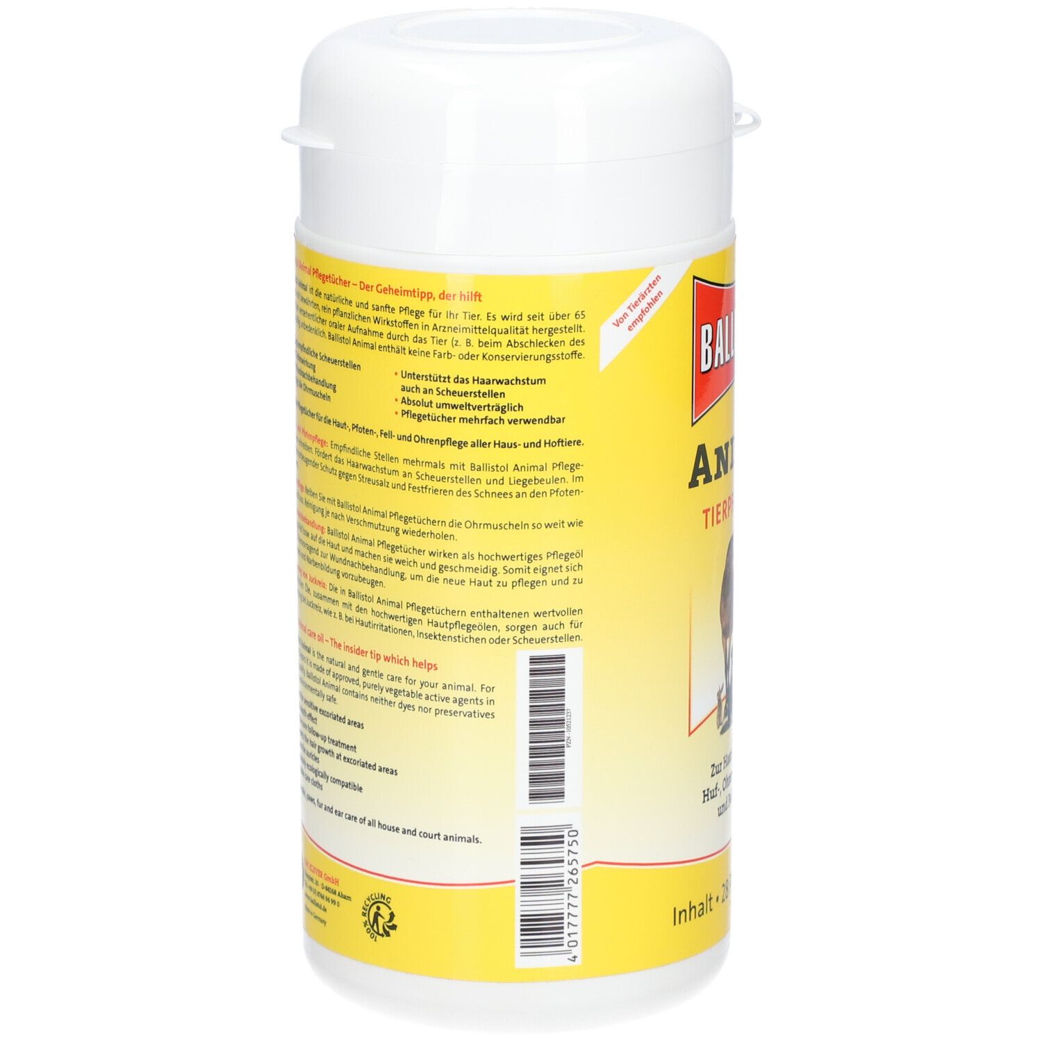 Dos d'une boîte blanche avec étiquette jaune. Texte en allemand. Contient des informations sur le produit et les ingrédients. Code-barres.