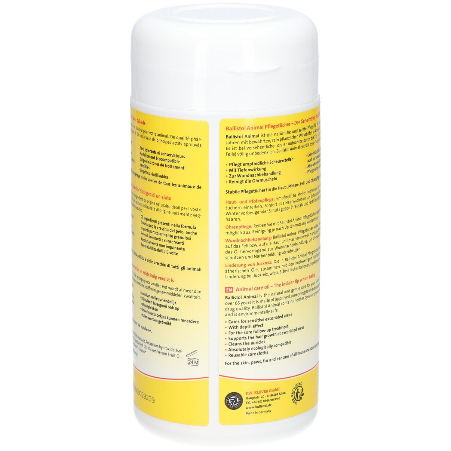 Dos d'une boîte blanche avec étiquette jaune. Texte en plusieurs langues. Contient des informations sur le produit. Logo.