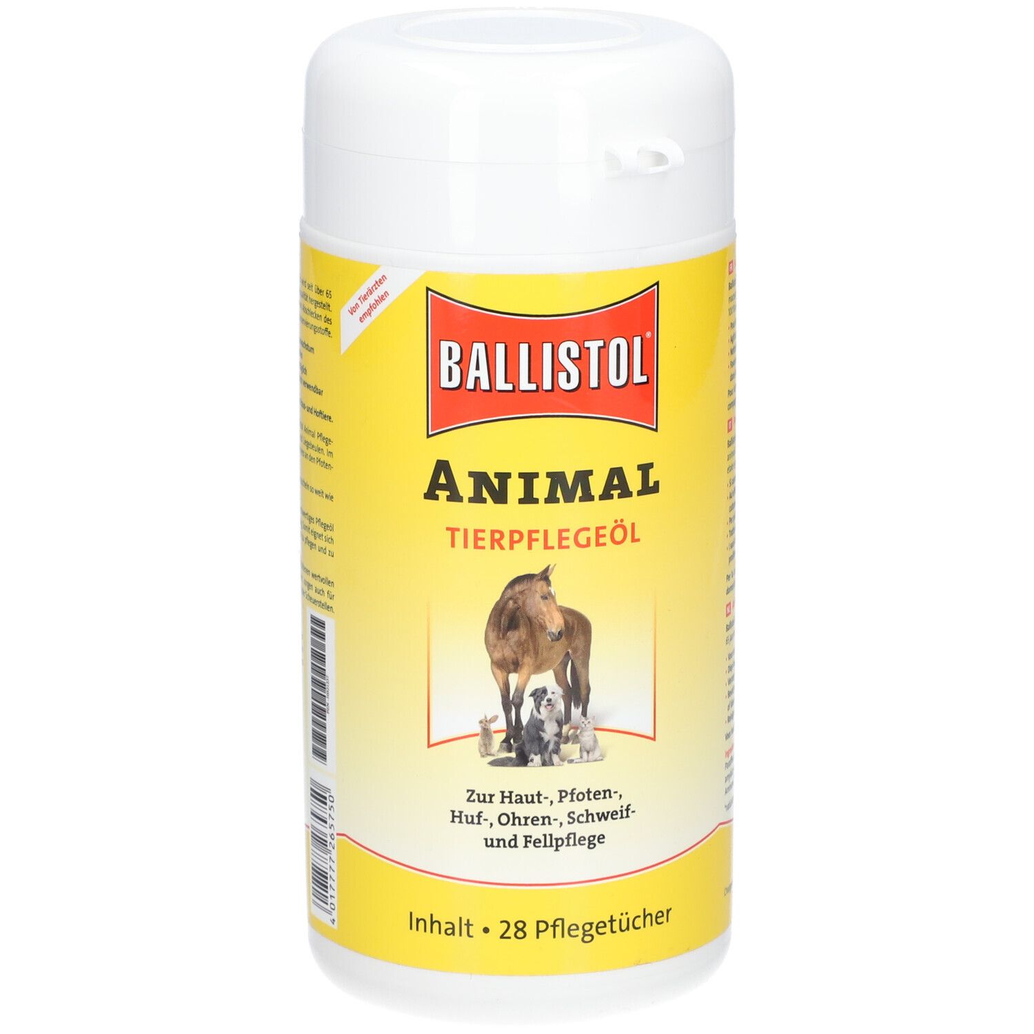 Boîte blanche avec étiquette jaune. Inscription: BALLISTOL ANIMAL Tierpflegeöl. Illustration: cheval et chiens. Contenu: 28 lingettes.
