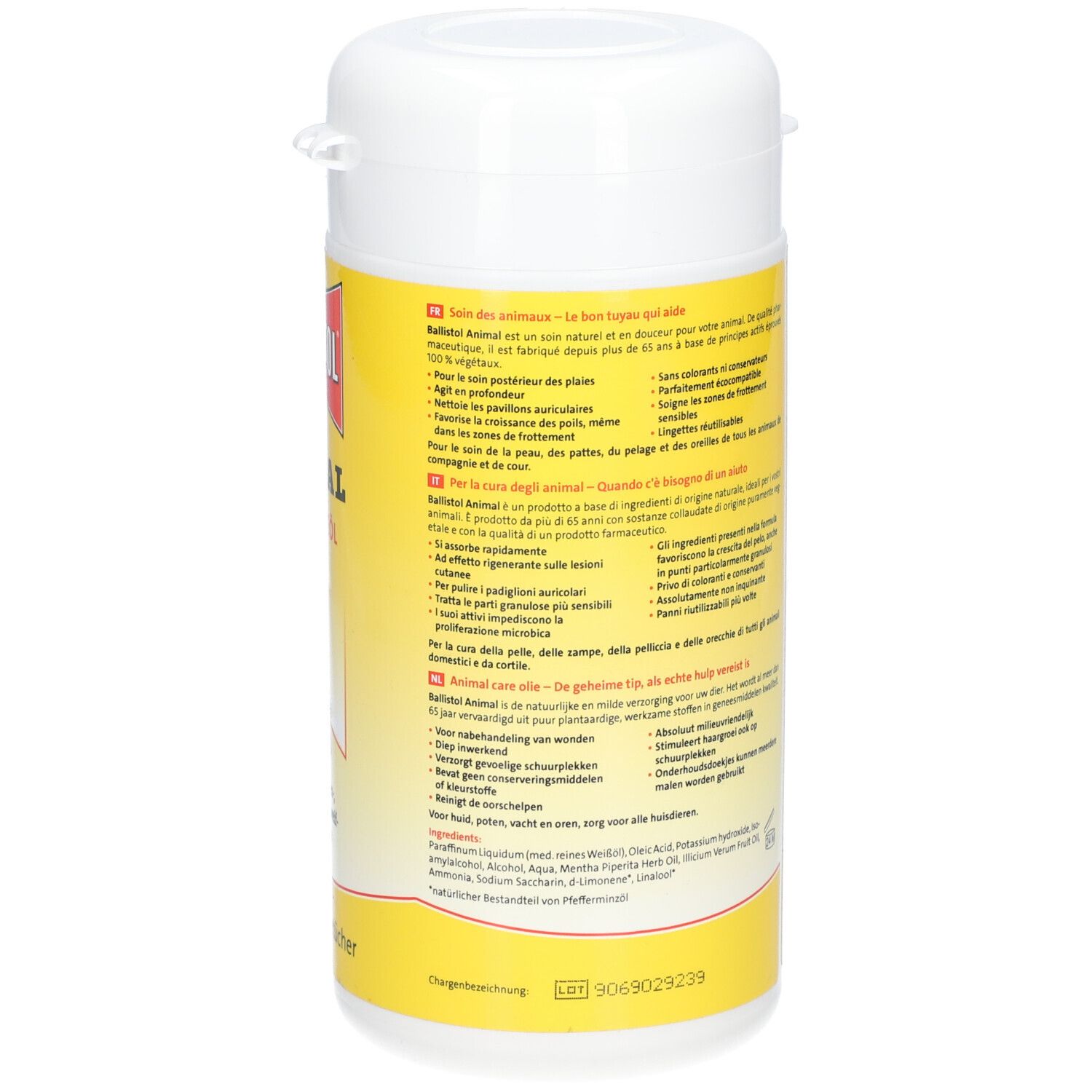 Dos d'une boîte blanche avec étiquette jaune. Texte en plusieurs langues. Contient des informations sur le produit. Logo.