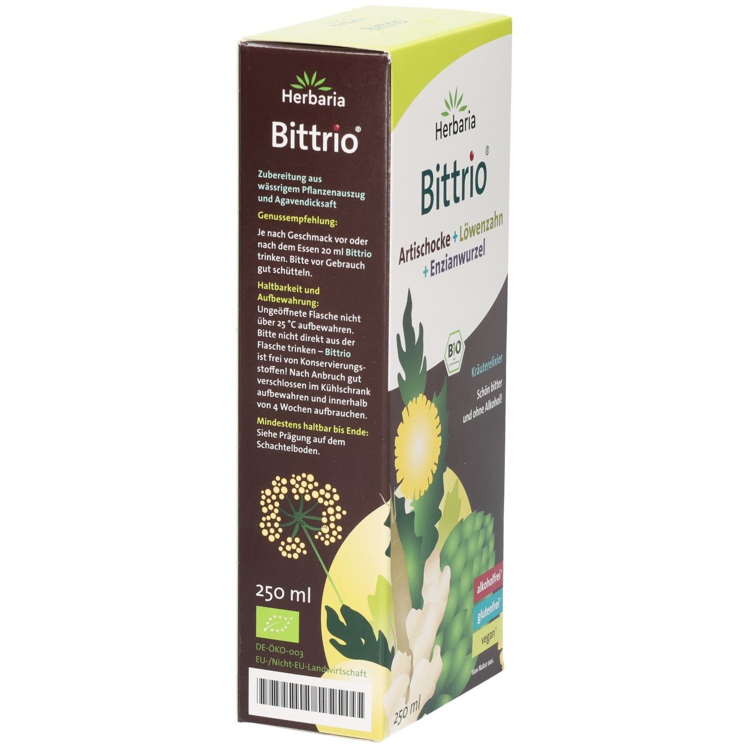 Rückseite der Herbaria Bittrio Kräuterelixier Verpackung mit Anwendungshinweisen und Bio-Siegel.