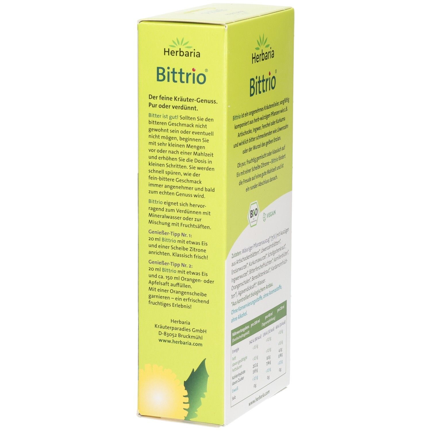 Seitenansicht der Herbaria Bittrio Kräuterelixier Verpackung mit Beschreibung und Anwendungstipps.